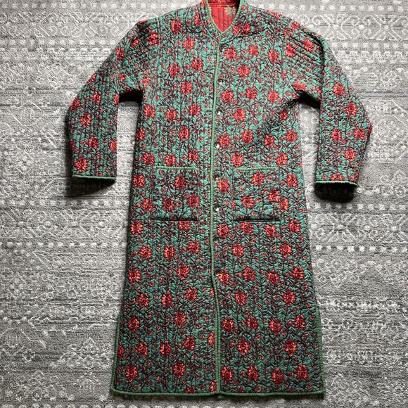 Orvis Long Quilted Button Up Jacket Coat Robe Red Floral Small Cotton Reversible - Picture 7 of 12